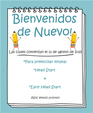 Welcome Back sign in spanish on notepad with 2 happy pencils
